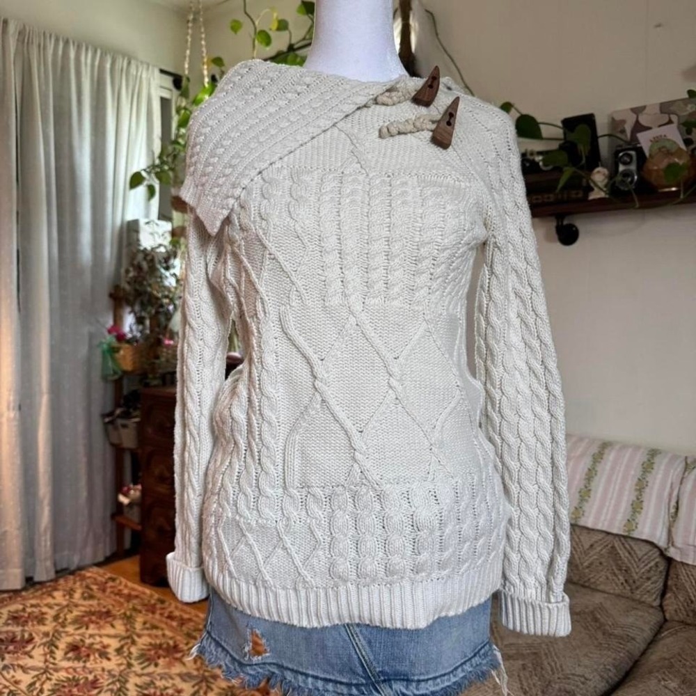 525 America Cream Cable Knit Toggle Collar Sweater XS Cotton Blend Ivory